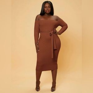Shein SXY plus off the shoulder belted rust brown midi bodycon dress. Size 18.